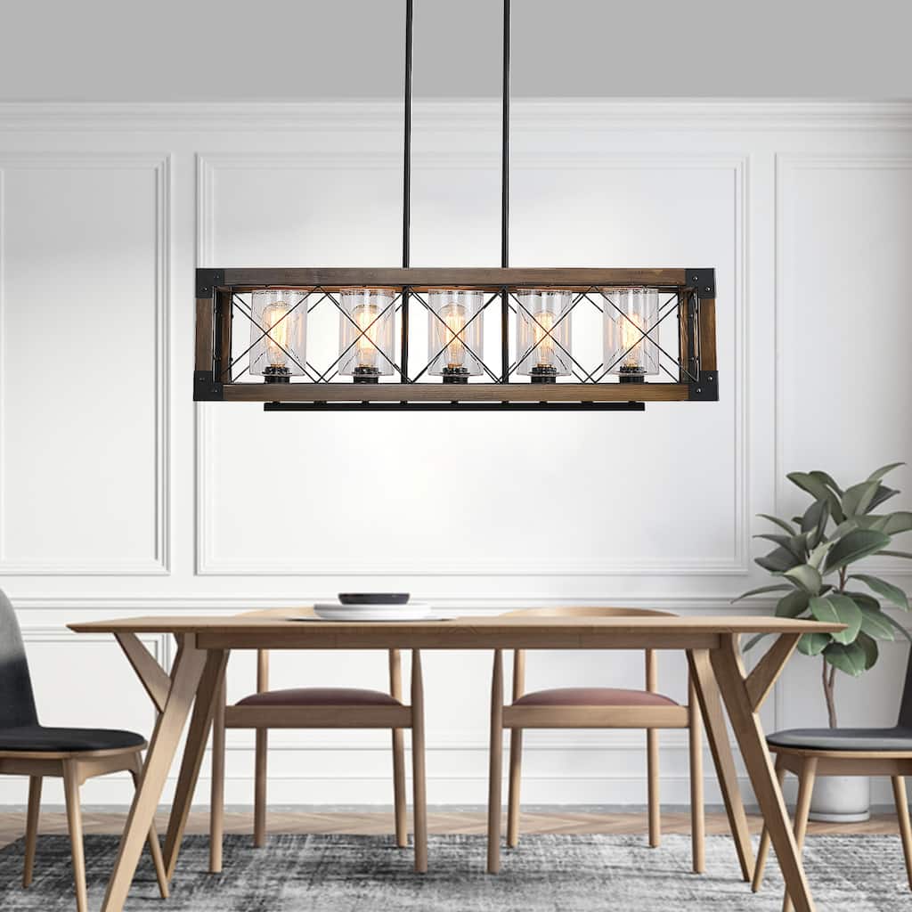 Farmhouse Wood 5-light Linear Chandelier Wire Mesh Cage Island Lights