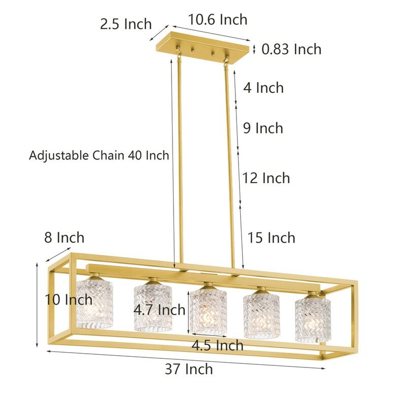 Mid-century Modern 5-light Gold Rectangle Dining Room Chandelier with Crystal Glass - UL - 37 inches