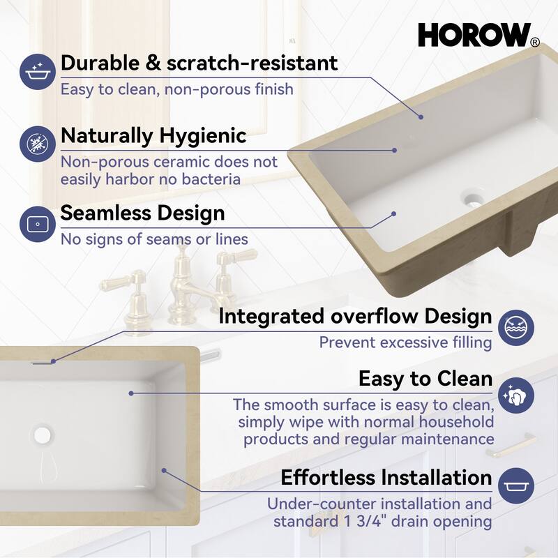 HOROW 27.5 in Rectangle Undermount Bathroom Sink in White with Overflow Drain