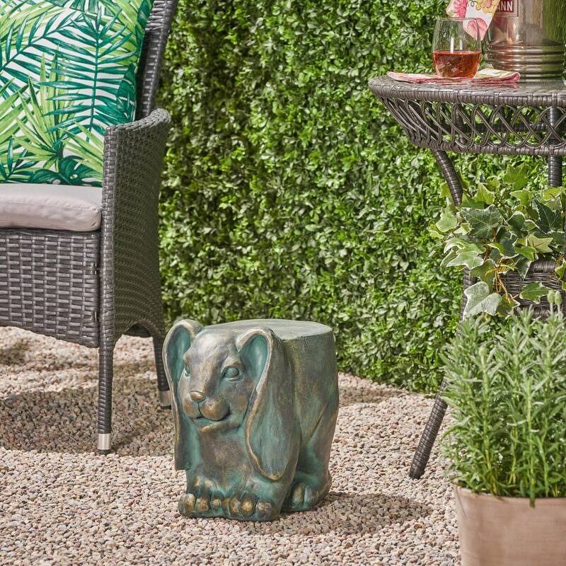 Roomfitters 13-Inch Rabbit Garden Stool, Lightweight Concrete Outdoor Accent Table with Distressed Gold Patina, Antique Green