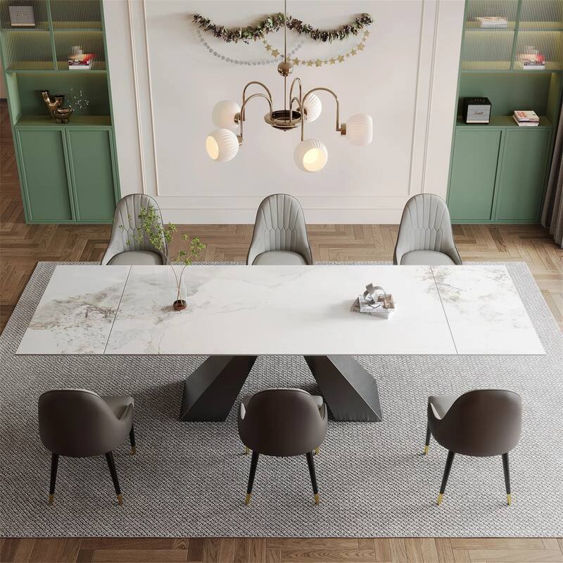 9 - Piece 110.24'' Extendable Sintered Stone Dining Table and 8 Leather Chairs Dining Set - Chanell,