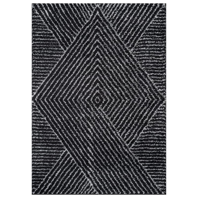 Minimal Stripe Geometric Shag Rug - Anthracite Dark Gray - Medium Pile - Cozy & Modern