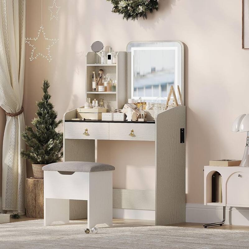2 Drawers Makeup Vanity Table with LED Light Mirror and Charging Station