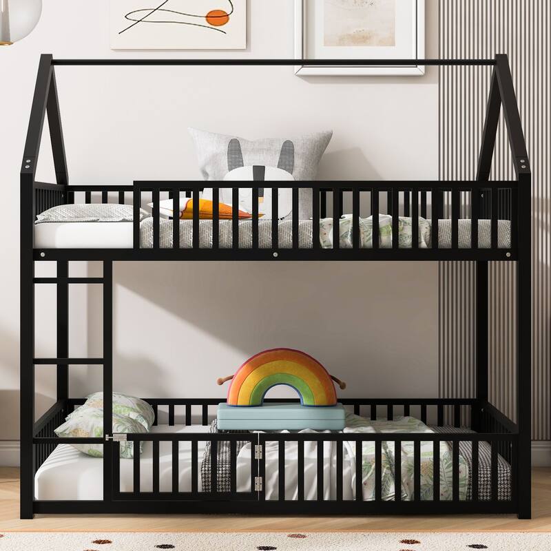 White Metal Twin over Twin Bunk Bed with House Frame, Fence Guardrails, and Small Door