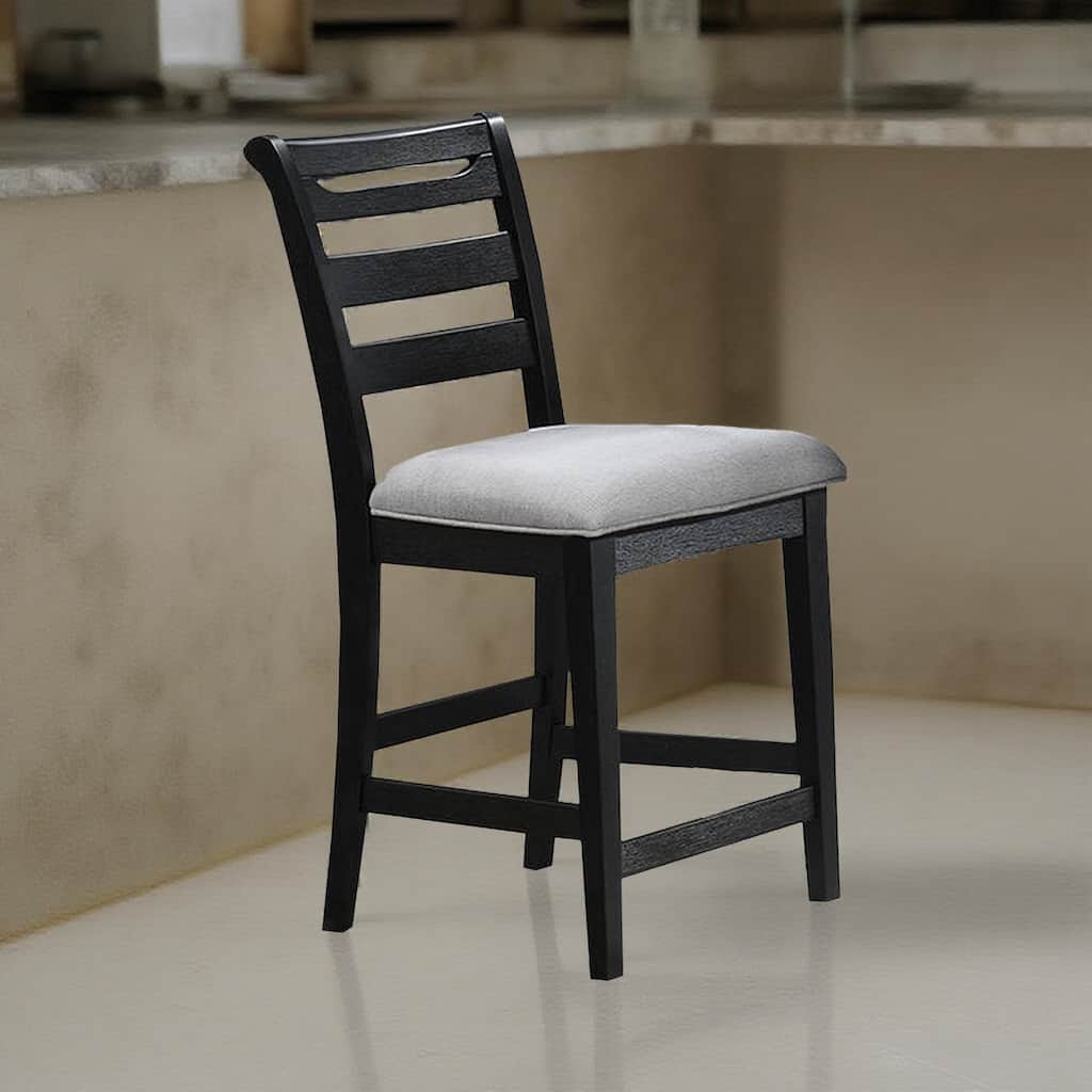 Remus Bar Height Chair, Ladder Back, Black Embossed Wood, Gray Fabric