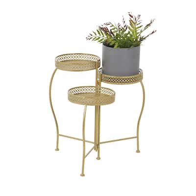 Metal Curved Folding 3 Tier Indoor Outdoor Plantstand with Floral and Scroll Patterns - Gold, Black, Silver - Roche River Decor