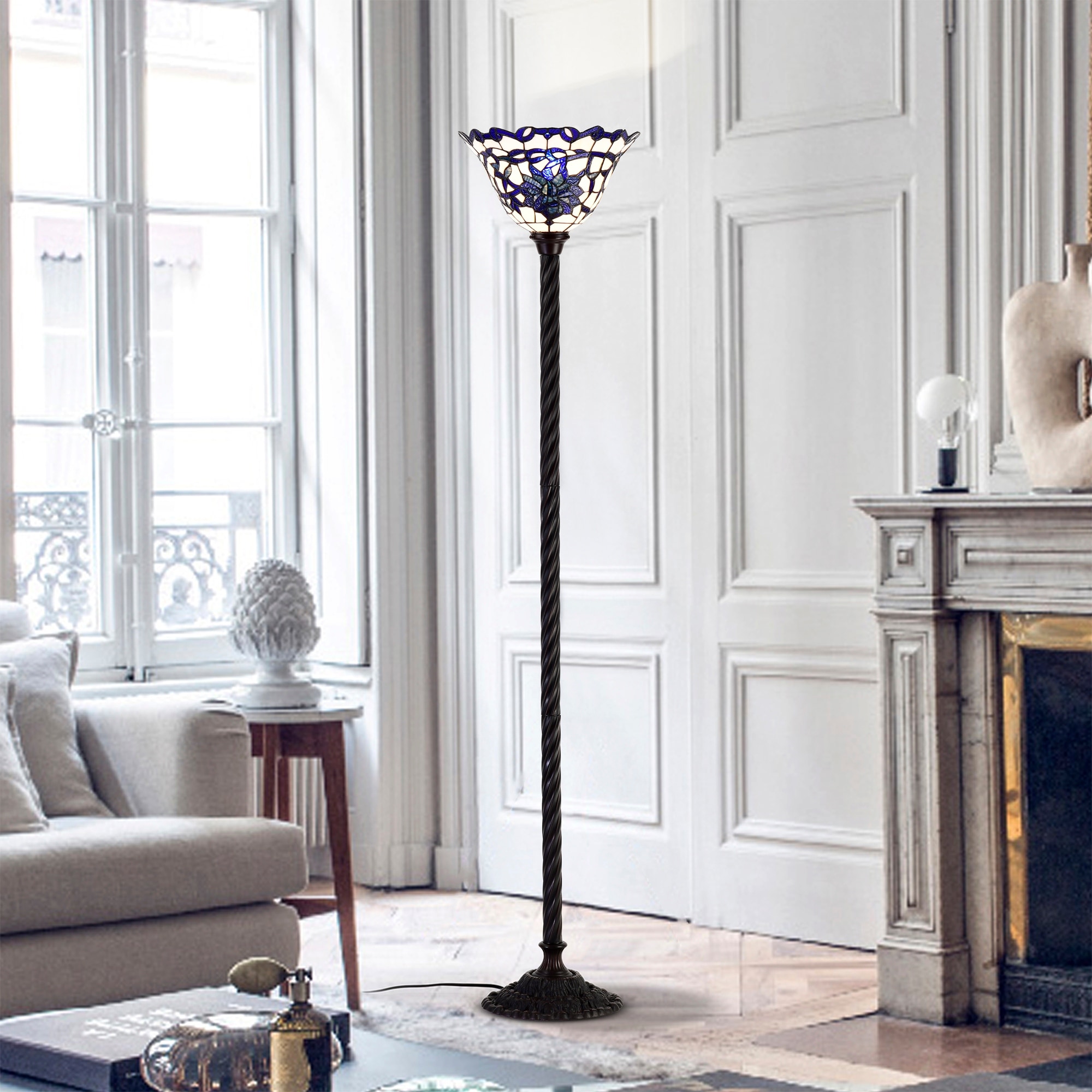 Warehouse of Tiffany Prim 14-inch Blue/White Flower Design Glass/Bronze Tiffany-Style Torchiere Lamp
