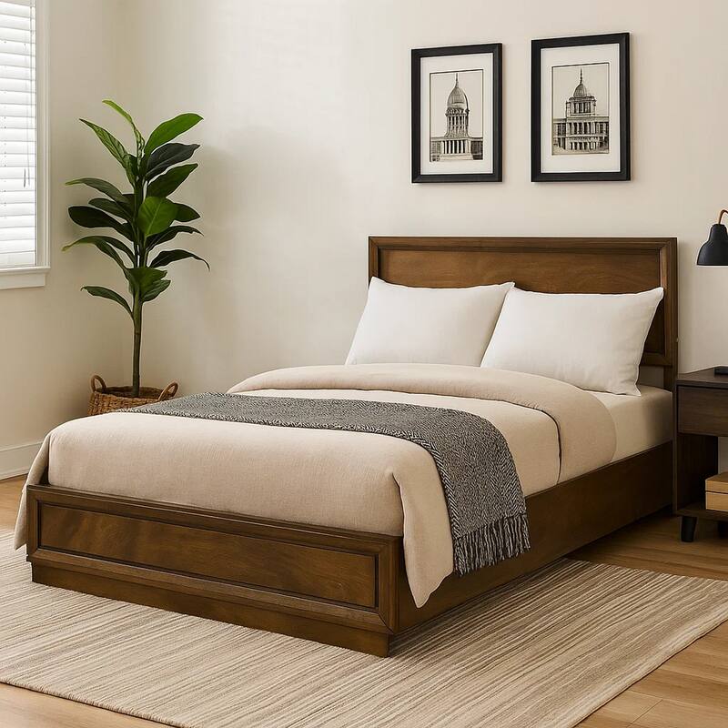 Rouk Full Size Bed w Panel Headboard, Walnut Brown Okume Veneer
