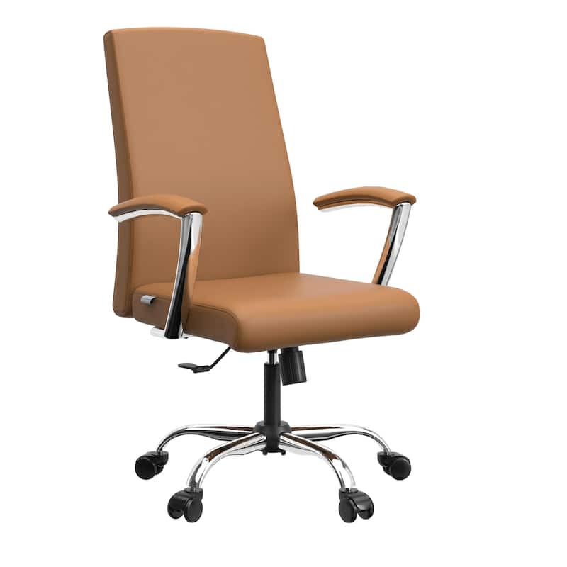 LeisureMod Evander Modern Swivel Office Chair in Faux Leather with Silver Frame - Acorn Brown