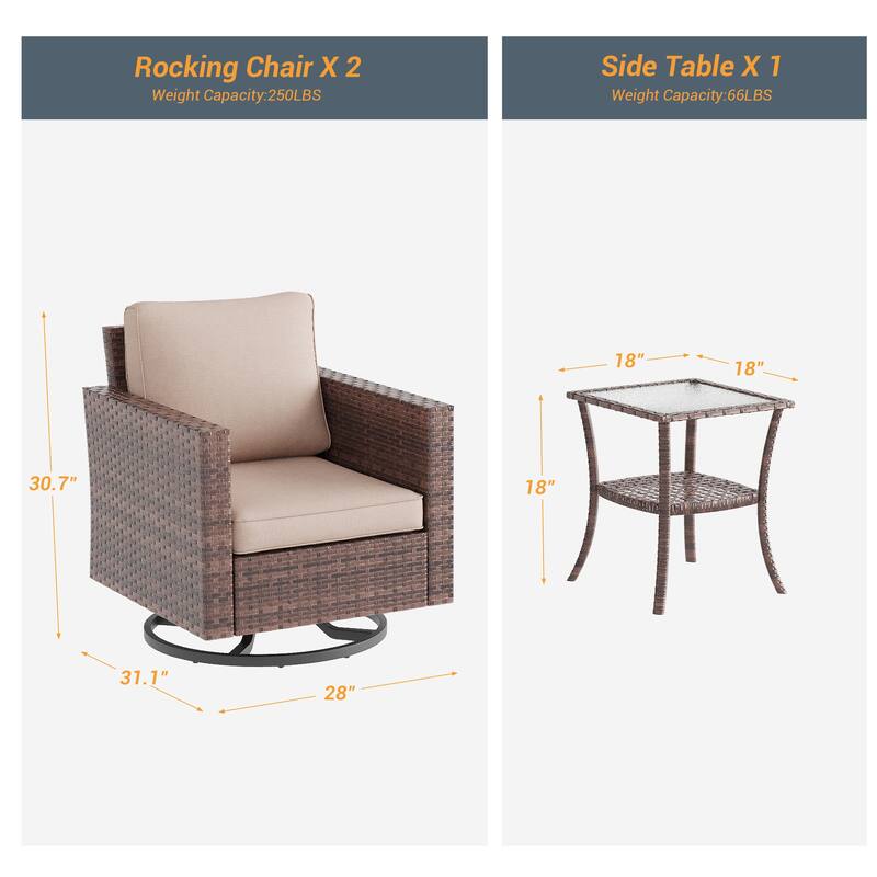 LIVOOSUN 3-Piece Patio Sofa Set Outdoor Rattan Swivel Rocking Chair Glass Table