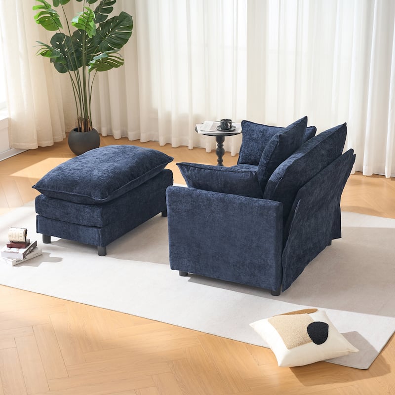 39.4" Modern Accent Chair with Ottoman, Living Room Club Chair Chenille Upholstered Armchair, Reading Chair for Bedroom