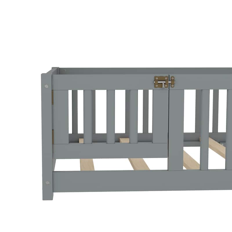 Montessori Toddler Floor Bed with Fence and Switchable Door, Low Profile Bed Frame with Removable Slats, Safe Transition Bed