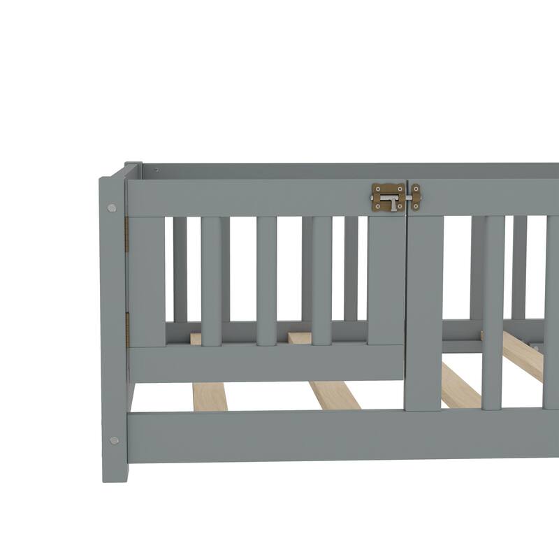 Roomfitters Wooden Twin/Full/Queen Floor Bed Frame with Door & Safety Guardrails, Low Platform Design for Bedroom or Playroom