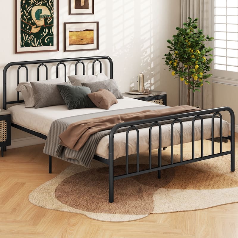 Gymax Stylish Queen Size Metal Bed Frame Platform Bed Base w/
