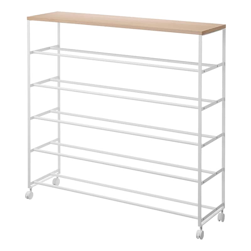 Yamazaki Home Rolling Five-Tier Shoe Rack, Steel and Wood, Wheels - L 10.24 x W 35.63 x H 34.25 inches - White