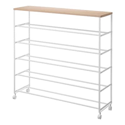 Yamazaki Home Rolling Five-Tier Shoe Rack, Steel and Wood, Wheels - L 10.24 x W 35.63 x H 34.25 inches