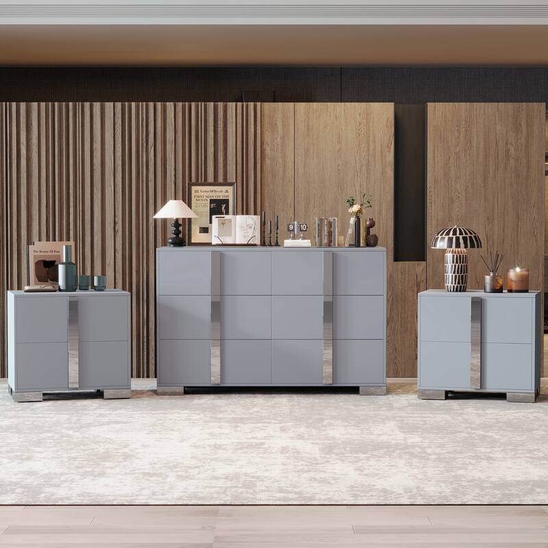 3-Pieces Sets, Elegant 6 Drawers Dresser And Two Nightstands, Storage Cabinet And Bedside Table With Metal Handles - Gray