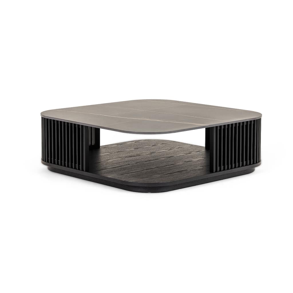 Cid Cia Coffee Table, 39 Inch Black Ceramic, Solid Wood Frame