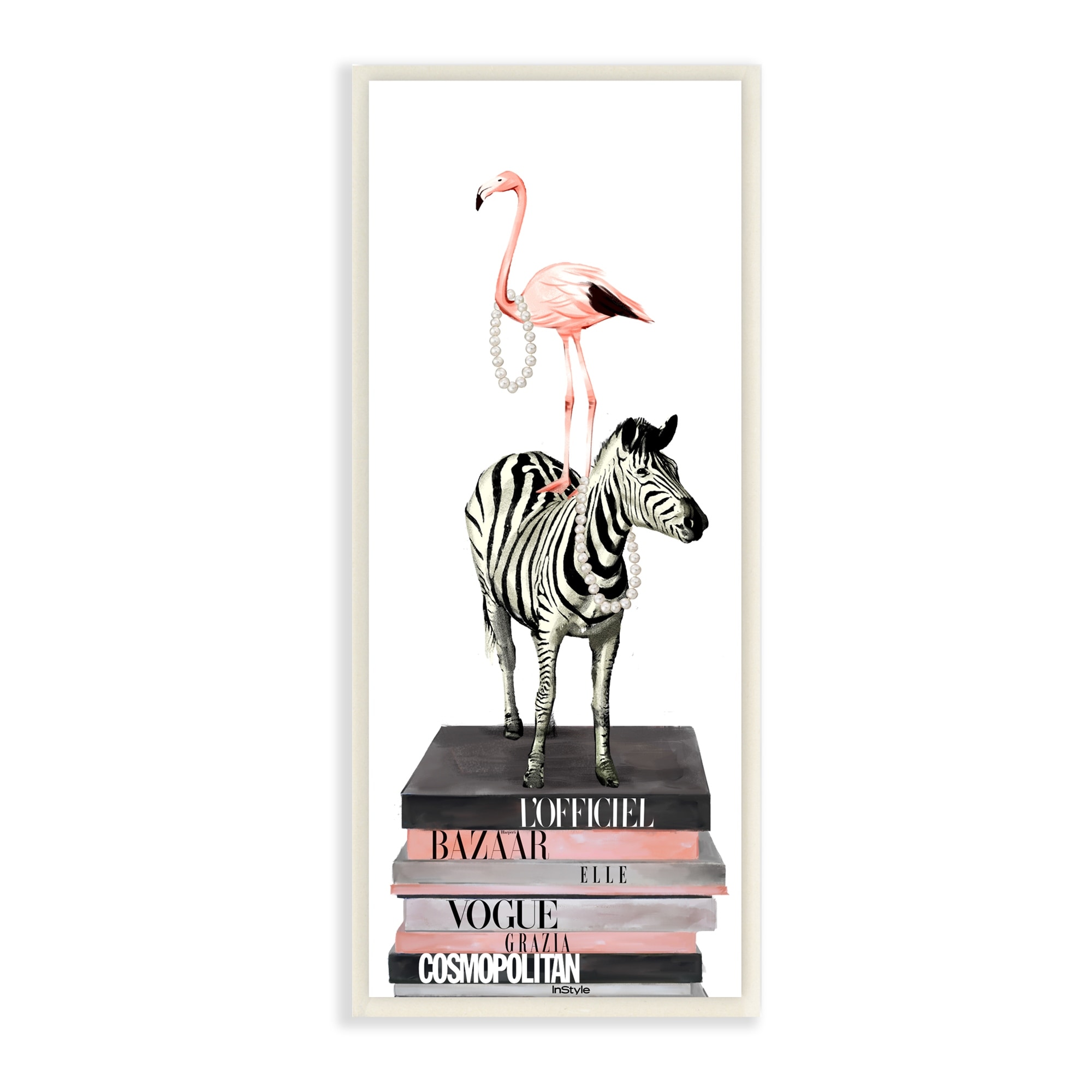 Stupell Fashion Flamingo Zebra Glam Book Stack Pearls Wood Wall Art - Black  - Bed Bath & Beyond - 34865210