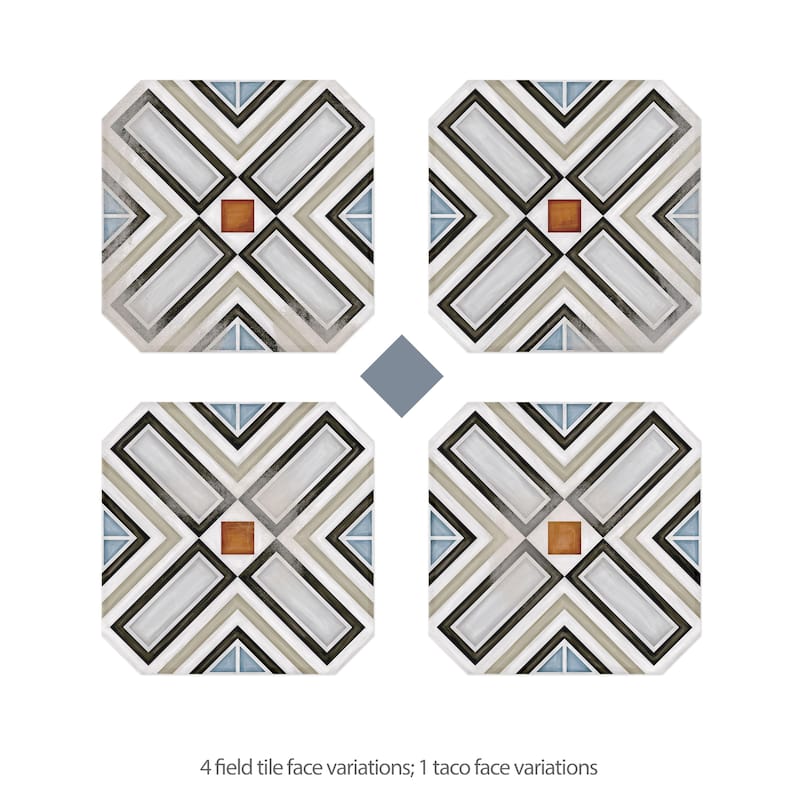Merola Tile Vaudeville Octagon Deco Ritter with Taco Azzuro 7-7/8" x 7-7/8" Porcelain Floor and Wall Tile