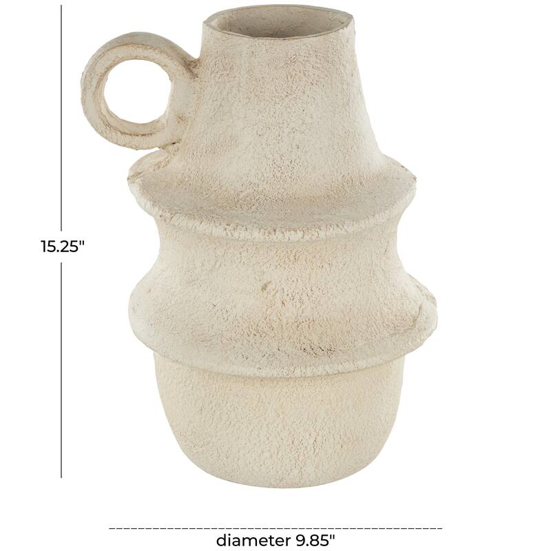 Cream Paper Mache Fluted Decorative Vase with Brown Distressed Texturing and Ring Handle