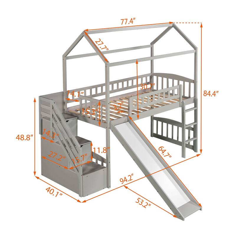 Twin Size High Loft Bed with Ladder and Slide, Solid Wood Playhouse Loftbed Bedframe with Storage Staircase, for Kids Teens