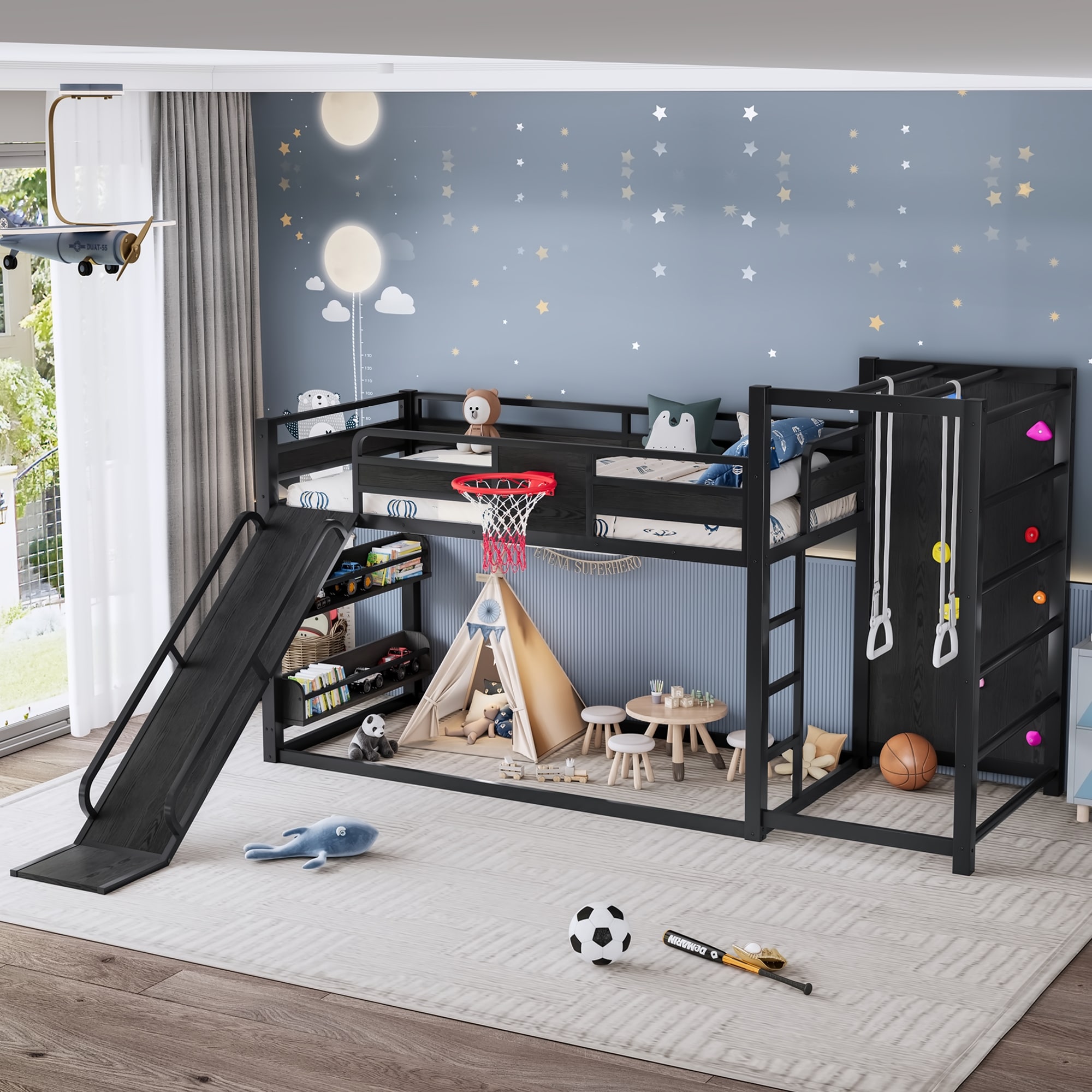 Roomfitters Twin XL Metal Loft Bed, Basketball Hoop, Climbing Wall & Pull-Up Rings, Black Kids Loft Bed, Slide & Bookcase Set