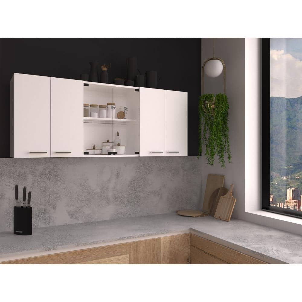 White Wall-Mounted Kitchen Cabinet - 24" H, 4 Doors, 2 Glass Panel Shelves, Dish Rack & Storage Organizer - 59.05X12.4 in