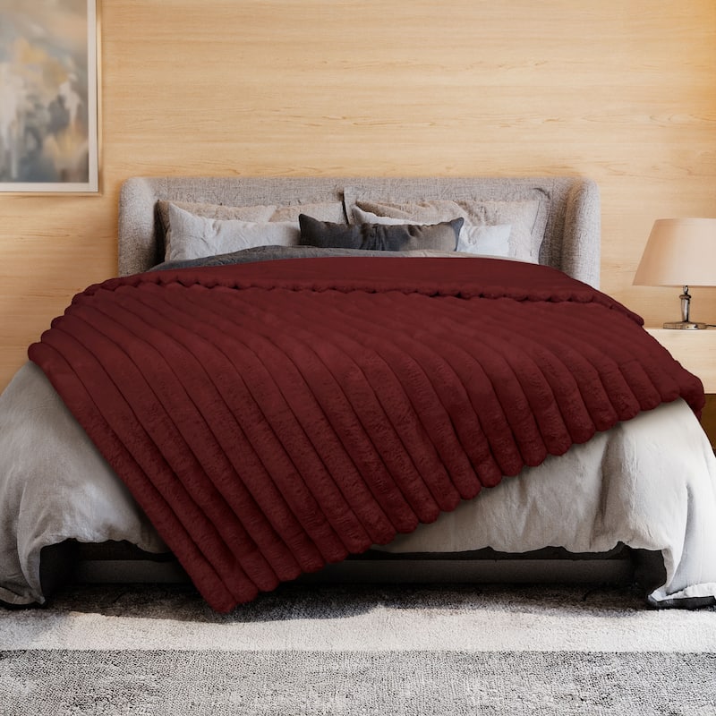 Luxury Reversible Textured Stripe Faux Fur & Velvet Throw - Burgundy Red - 50 x 70 in