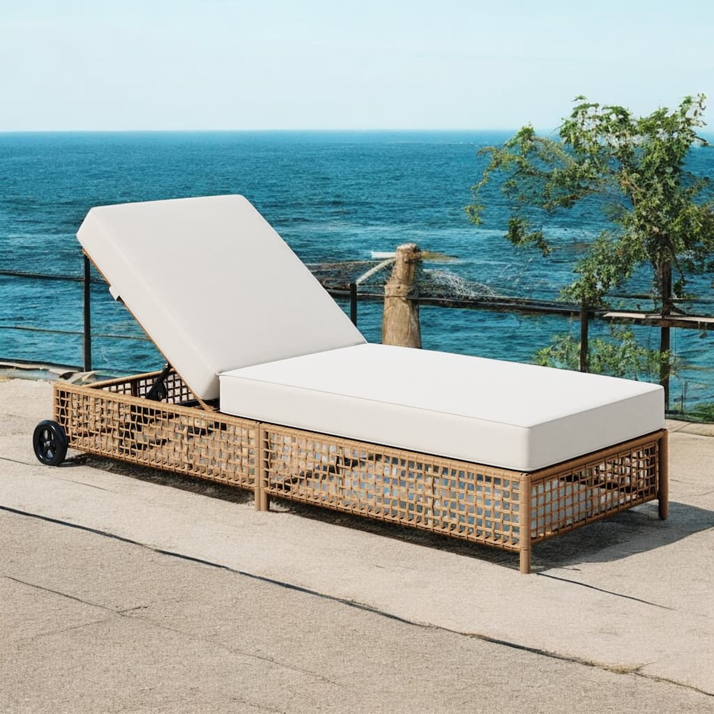 Adjustable Outdoor Rattan Lounge Chair with Wheels & Cushion – 5-Position Recliner for Patio, Poolside, or Garden – Set of 1