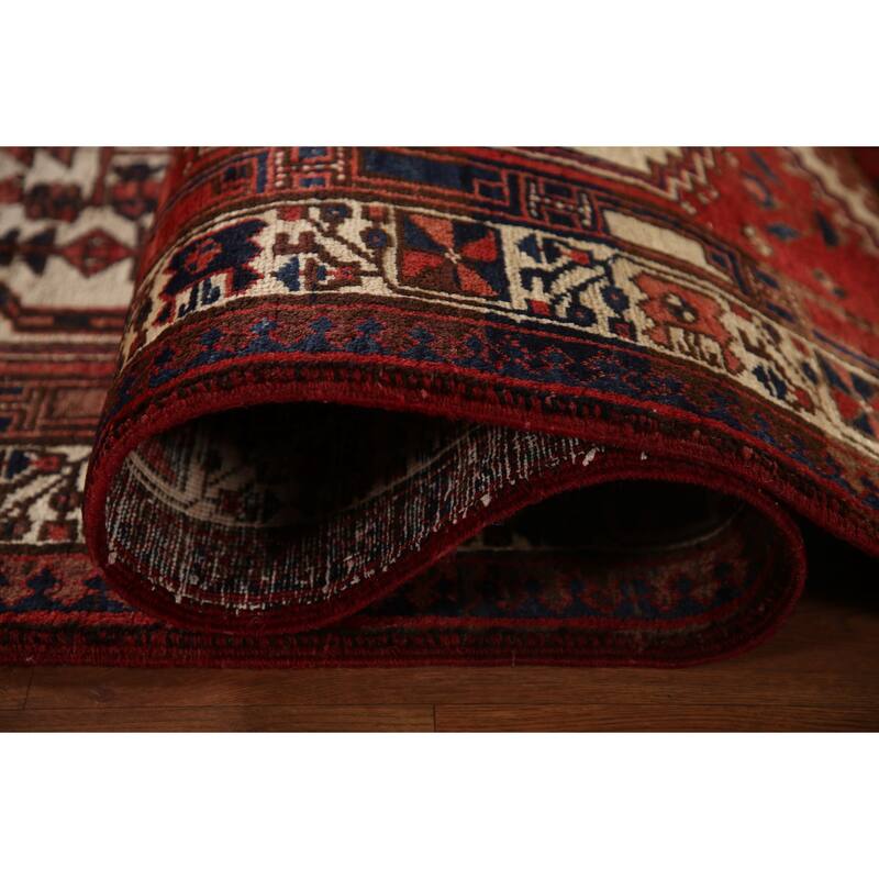 Geometric Ardebil Persian Vintage Runner Rug Handmade Red Wool Carpet - 3'9"x 13'10"