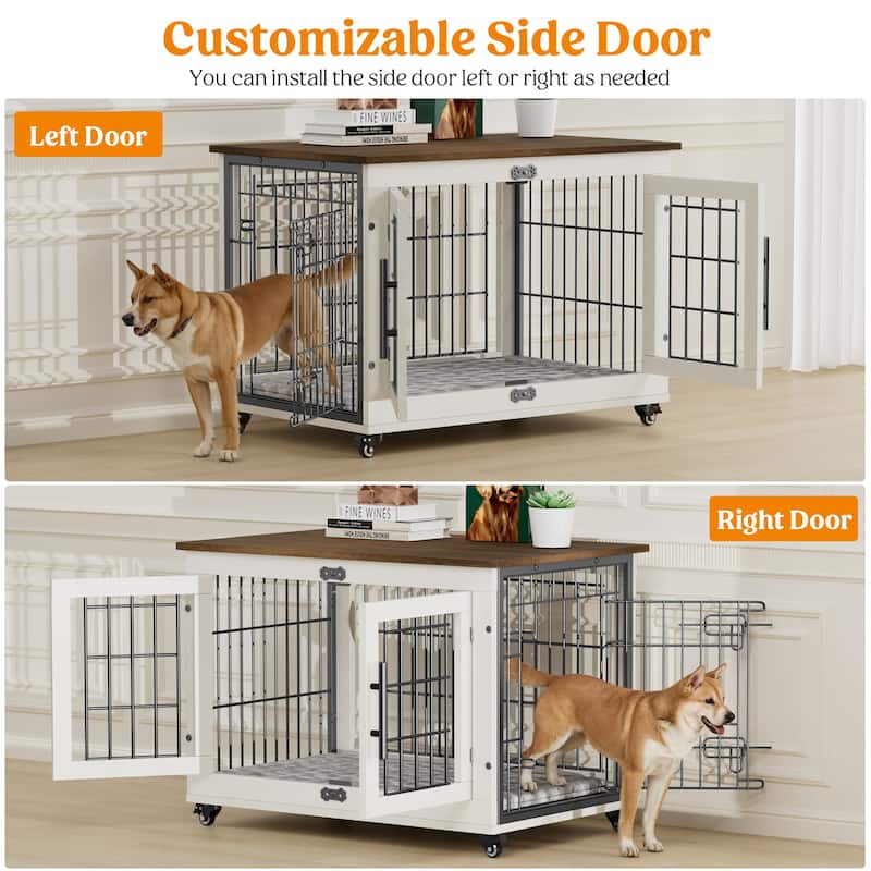 Dog Crate Indoor Heavy Duty Double Doors Wooden Dog Cage with Cushion