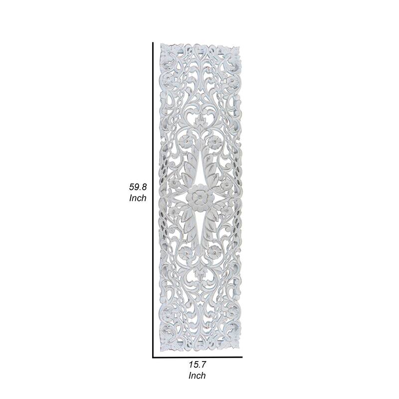 60 Inch Tall Decorative Panel, Carved Floral Vine Design, Mango Wood, White
