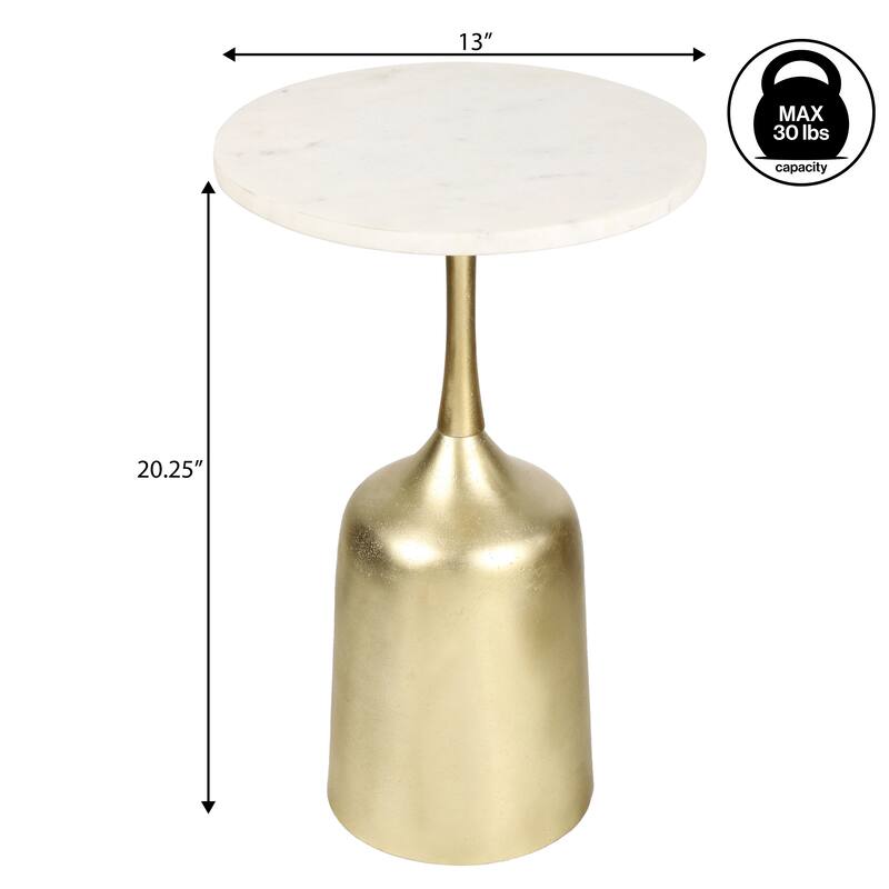 Pip 20.25″ Metal Drink, End Table w/ White Marble Round Top & Bell Pedestal Base, By JONATHAN Y