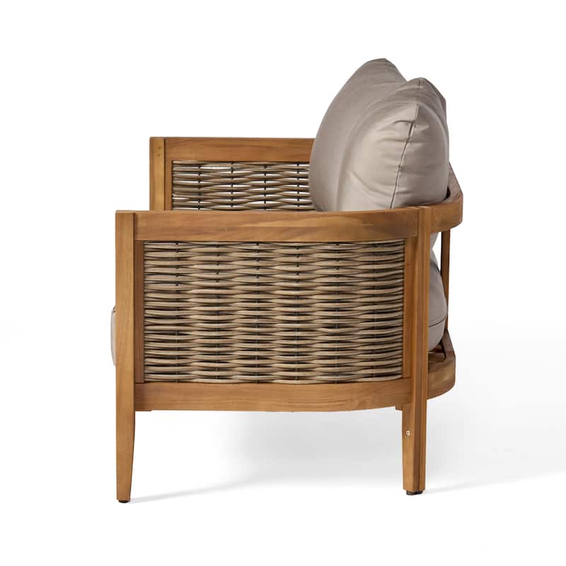 Burchett Outdoor Acacia Wood and Wicker 4 Seater Chat Set with Optional Sunbrella Cushions by Christopher Knight Home