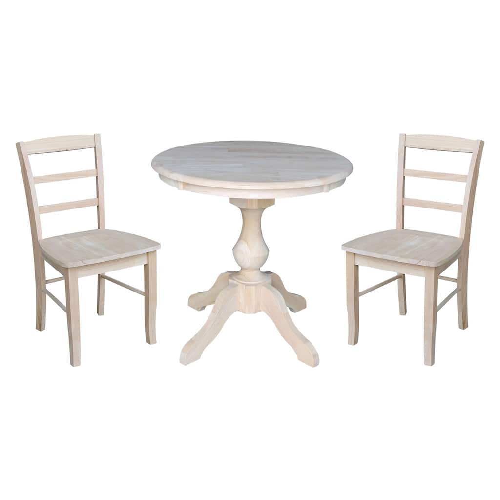 30" Round Top Pedestal Dining Table with 2 Madrid Chairs - Unfinished - 3 Piece Set