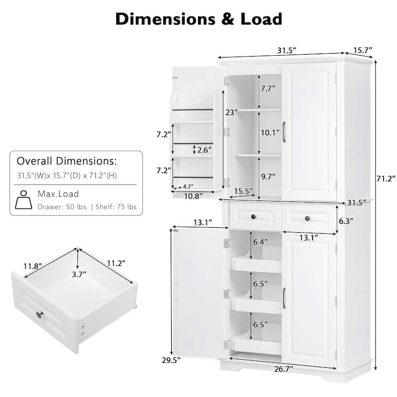 71" Tall Kitchen Pantry Cabinet with 3 Pull-Out Organizers, Freestanding Cupboard With Adjustable Shelves, Versatile Storage