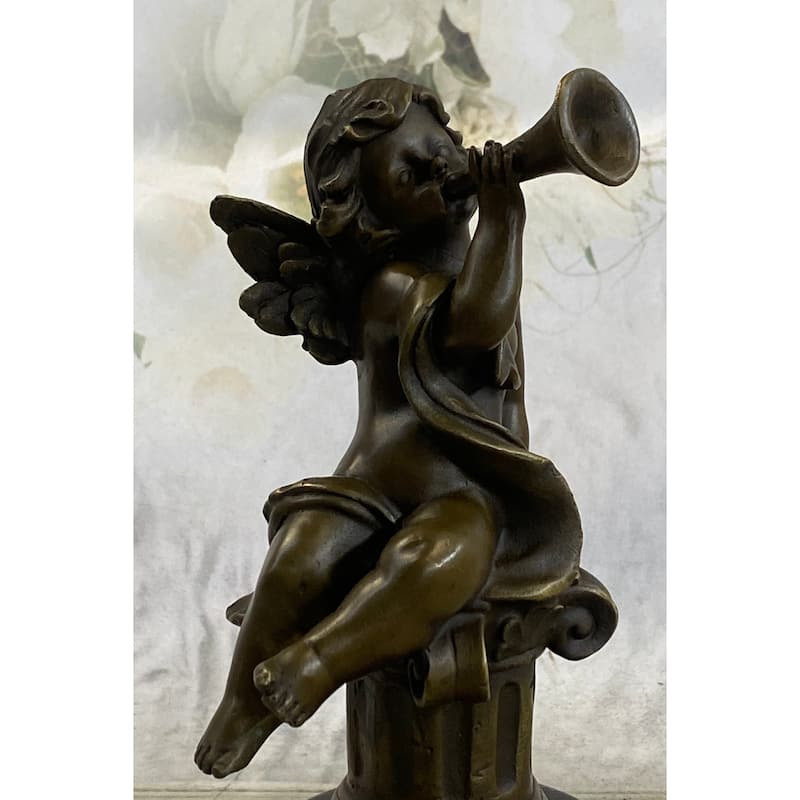 Cherub Boy Playing Trumpet Bugle Bronze Statue Sculpture Figure Moreau 8 Inches X 5 Inches
