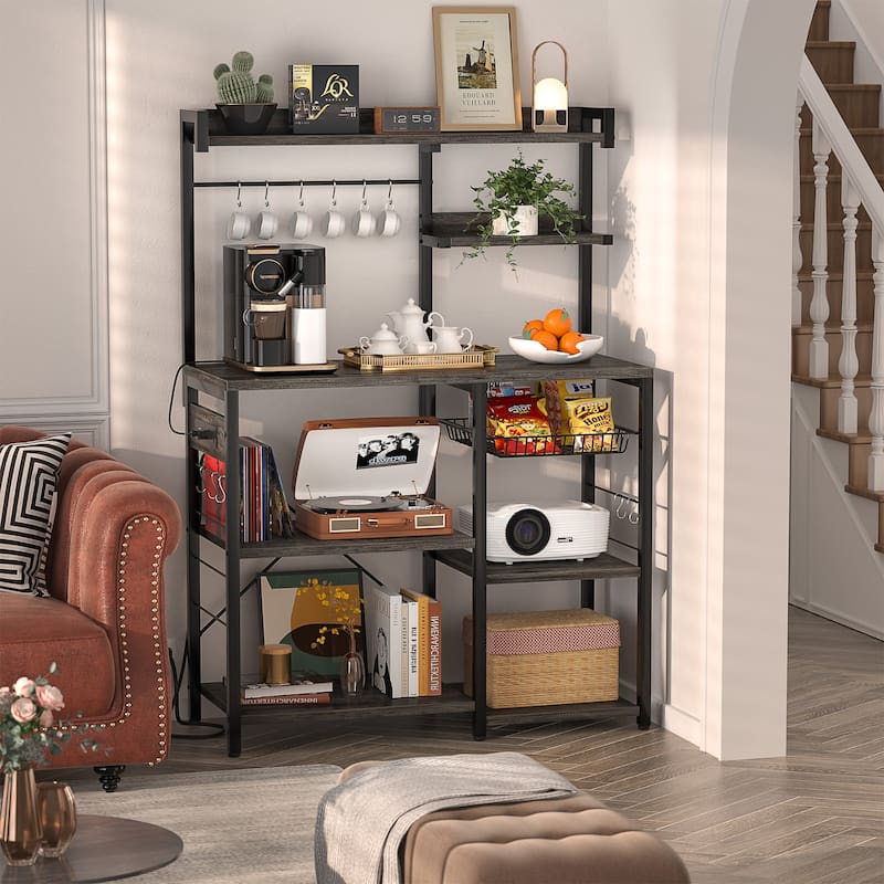 Bakers Rack with Power Outlet and LED Light Strings, Kitchen Storage Shelf - Grey Oak