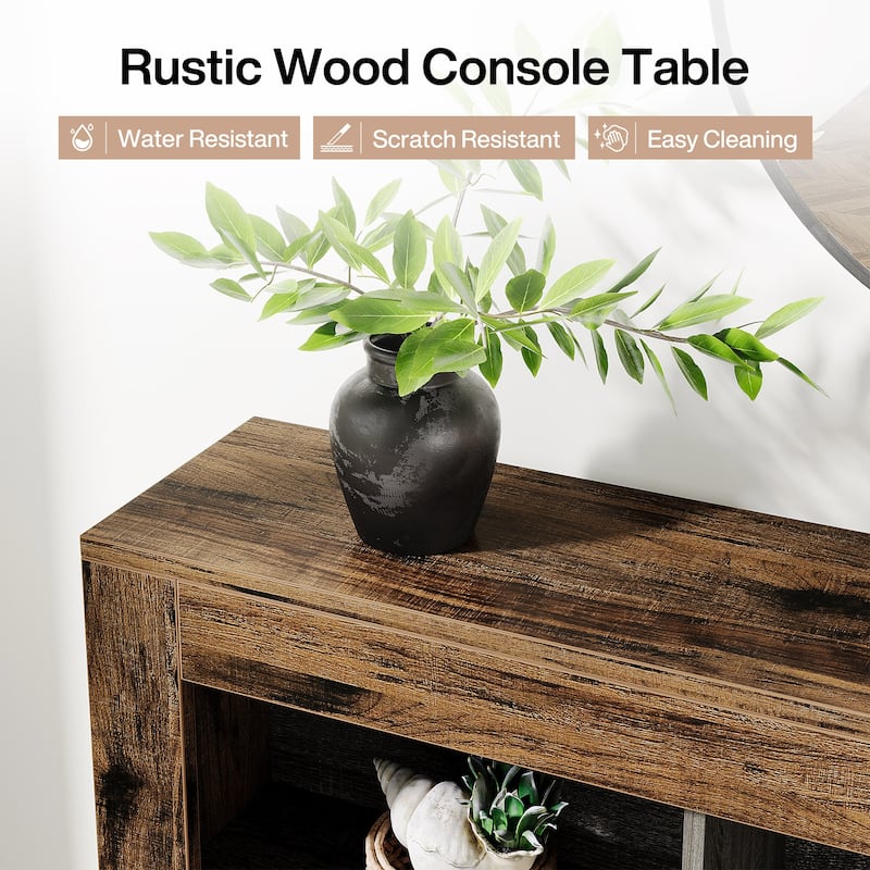 Long Console Table, Rustic Wood Entryway Table with 6 Storage Cubes