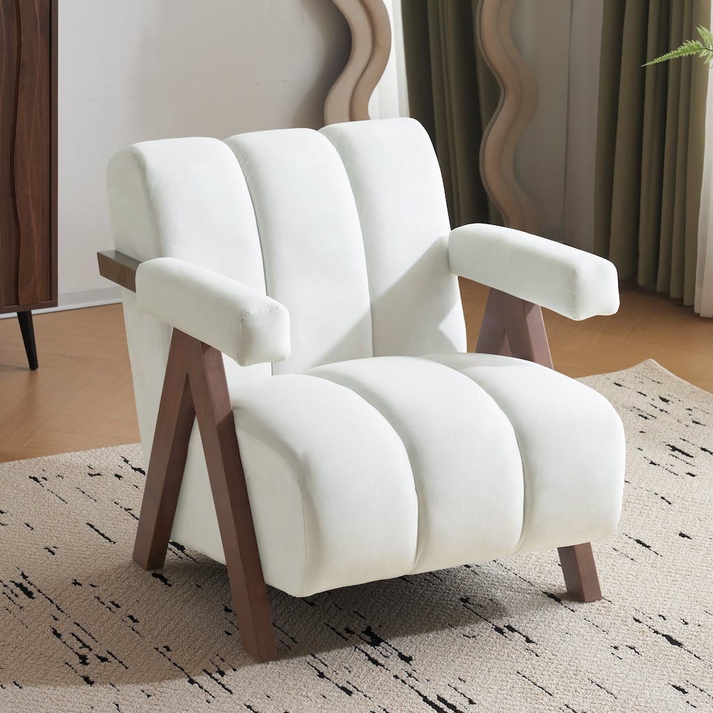 Roomfitters Mid-Century Modern Tufted Accent Chair with Walnut Solid Wood Frame and Inverted V-Legs, Ivory