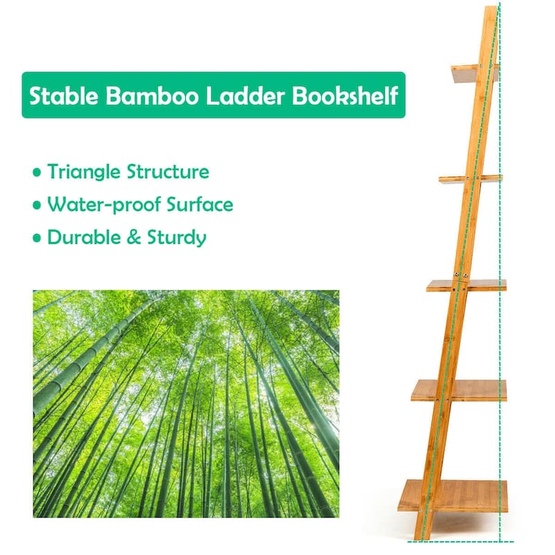Gymax 5-Tier Ladder Shelf Modern Bamboo Leaning Bookshelf Ladder - See Details