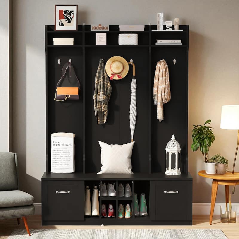 58.8 in Wide Hall Tree with Bench, 7 Hooks, 2 Drawers, Adjustable Shelves, Entryway Coat Rack Organizer, 76.7 in H