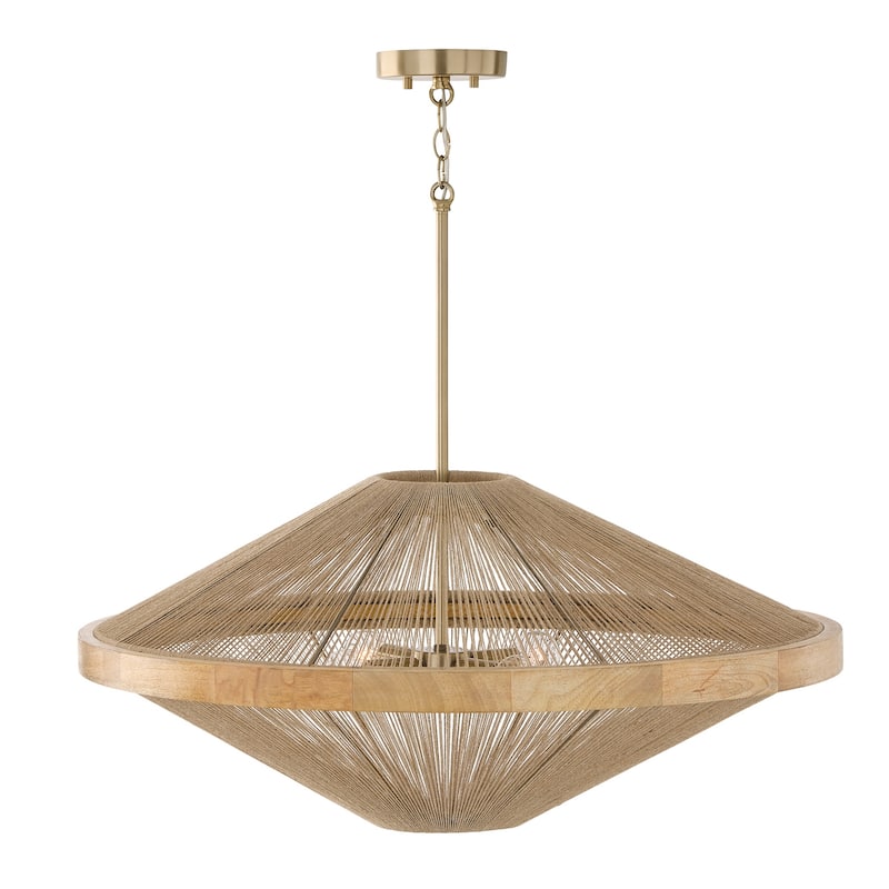 4-Light Pendant in Matte Brass with Mango Wood and Handwrapped Natural Jute Rope String