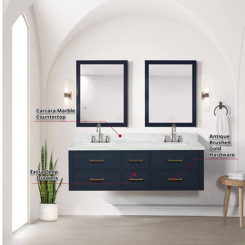 Lexora Castor Double Bath Vanity, Carrara Marble Top, Faucet Set, and Mirrors