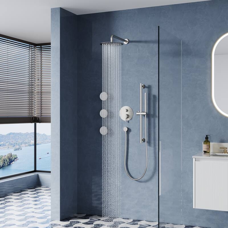 3-Function Shower System With 10" Ultra-Thin Round Shower Head,Body Jets And Hand Shower(Valve Included)