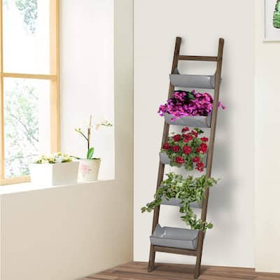 5 Tier Wood and Metal Ladder Planter, Brown and Silver