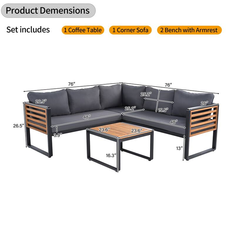 4 Pieces Outdoor Patio Conversation Set, Metal and Wood Frame Sectional L-shaped Sofa with Soft Cushion and Coffee Table