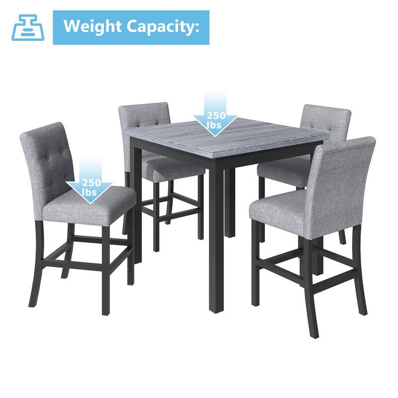 5-Piece Counter Height Dining Set Wood Square Dining Room Table and Chairs Stools w/Footrest & 4 Upholstered high-back C