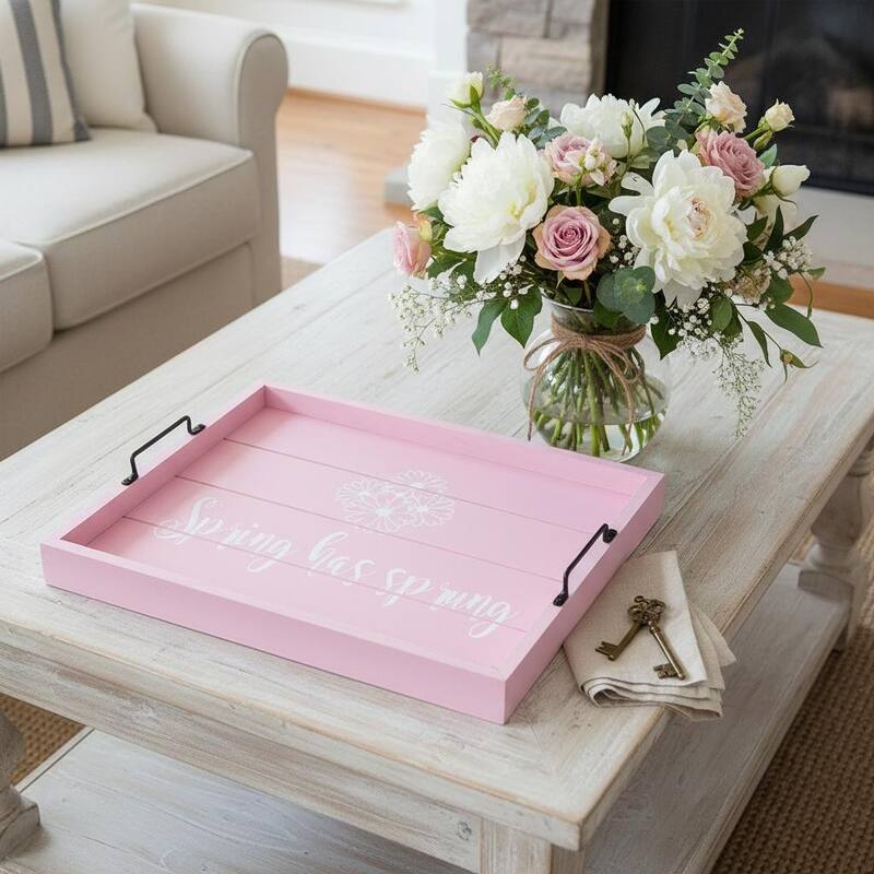HomeRoots 16" Pink And White Spring has Sprung Serving Tray With Handles - 15.50 in. x 2.25 in. x 12.00 in. - White/Light Pink - 15.50 in. x 2.25 in. x 12.00 in.